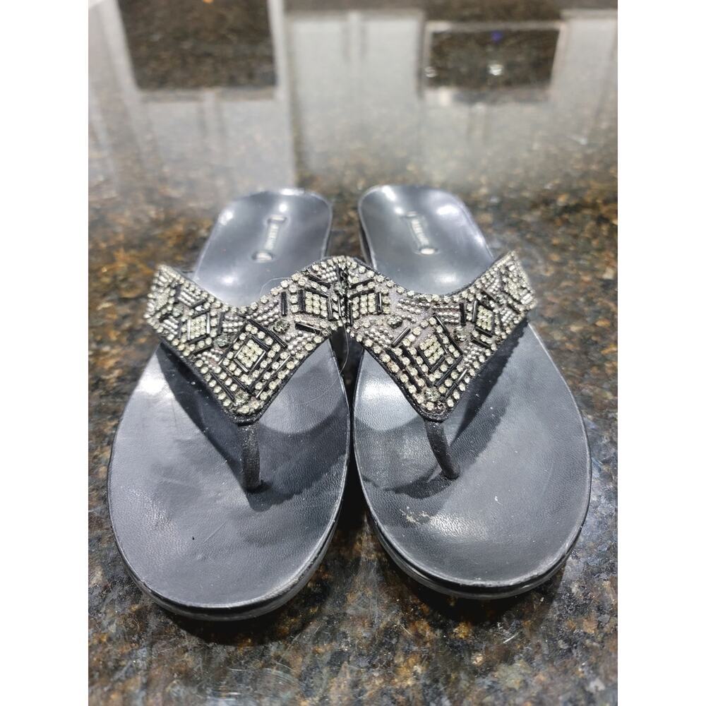 Alex Marie Flip Flops Womens Size 8M Black Leather Beaded Cork Sole Slip On